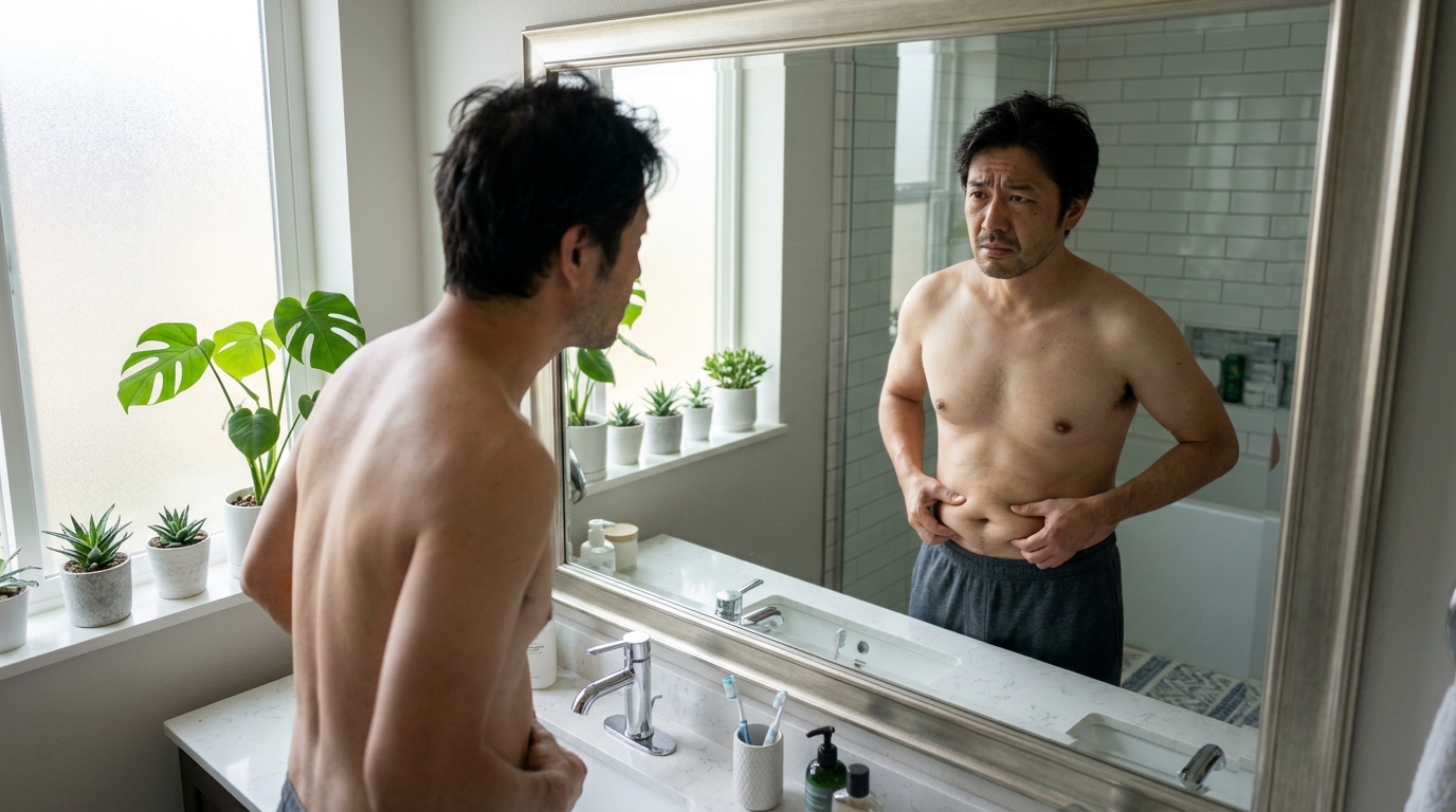 鏡の前でお腹周りの変化や基礎代謝低下に悩む40代男性のイメージ