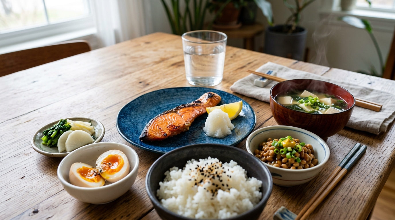 代謝を高める高タンパクでバランスの取れた朝食と白湯のイメージ