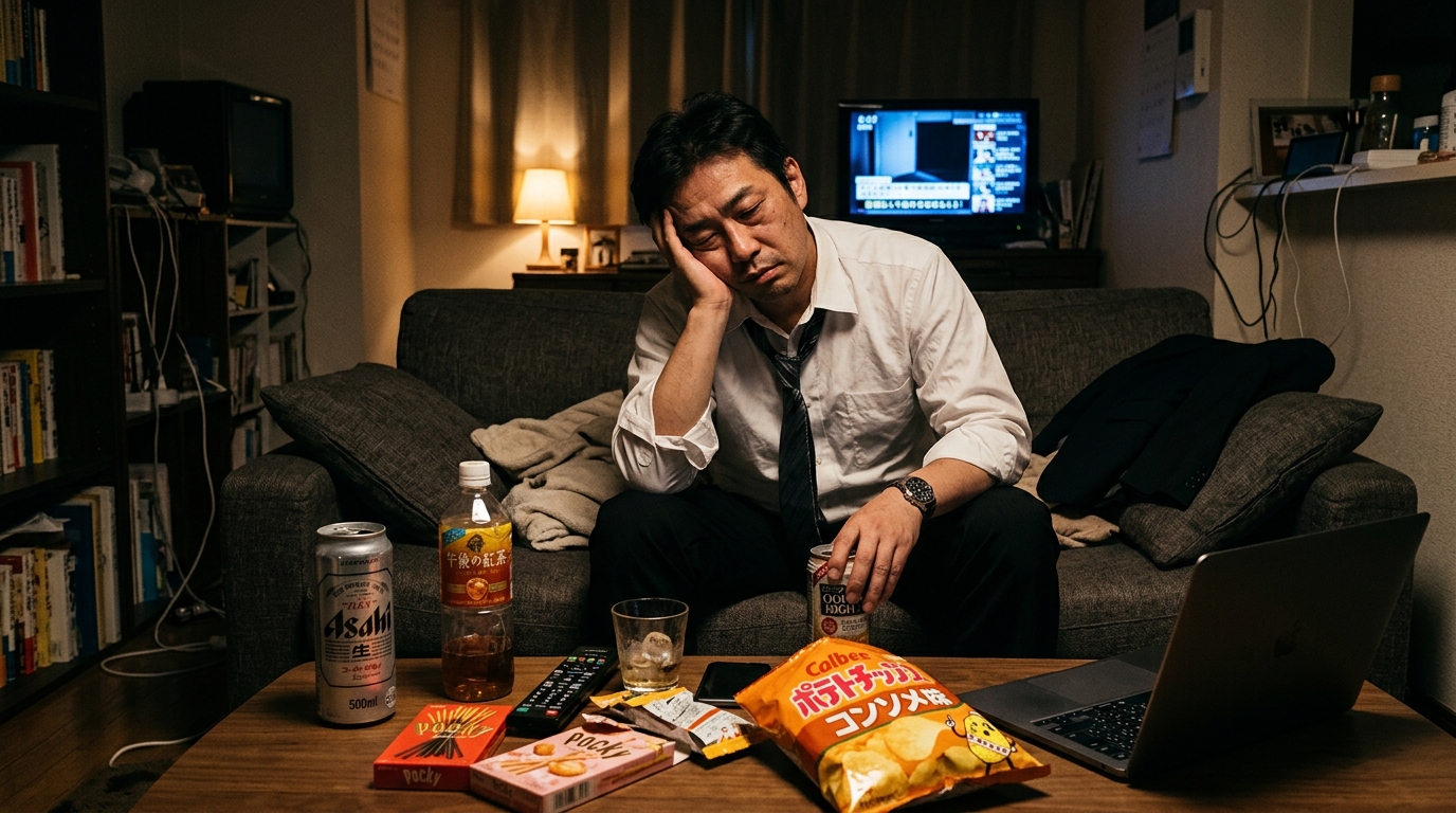 代謝を下げるNGな生活習慣や夜遅くの飲酒・疲労のイメージ