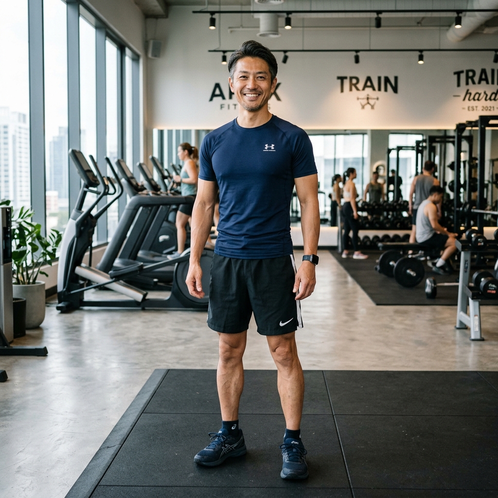 引き締まった健康的な体を目指して前向きにフィットネスを楽しむ40代男性のイメージ