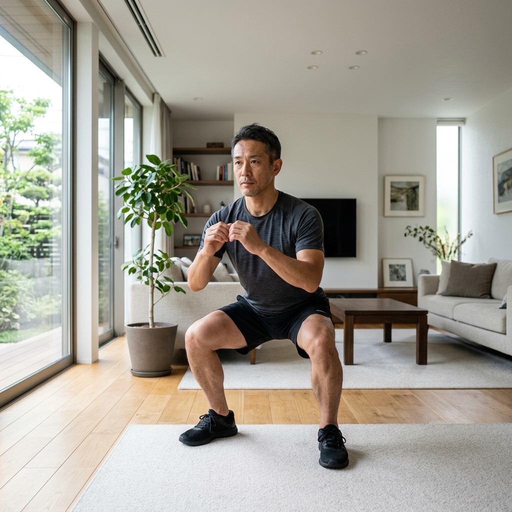 自宅リビングで正しいフォームのスクワットを安全に行う40代男性のイメージ