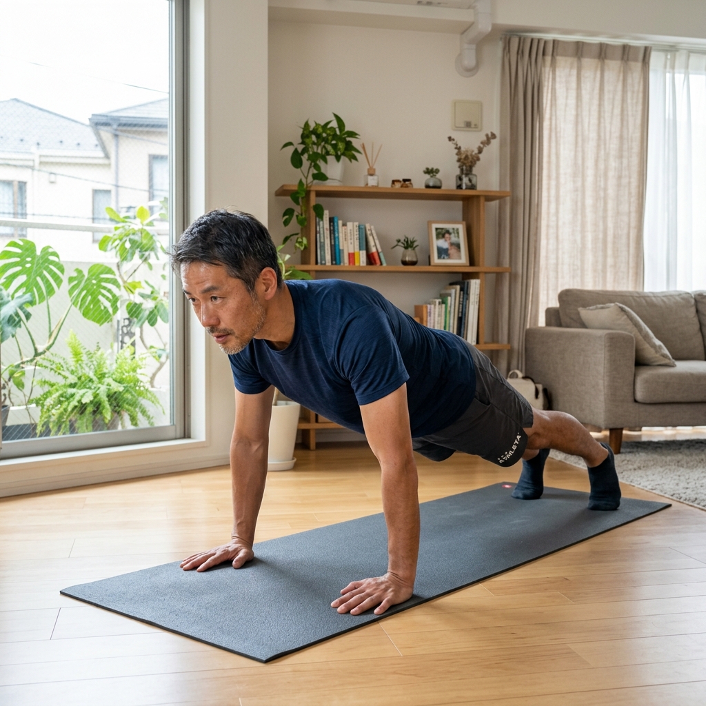 ヨガマットの上で無理のない腕立て伏せを行う40代男性のイメージ