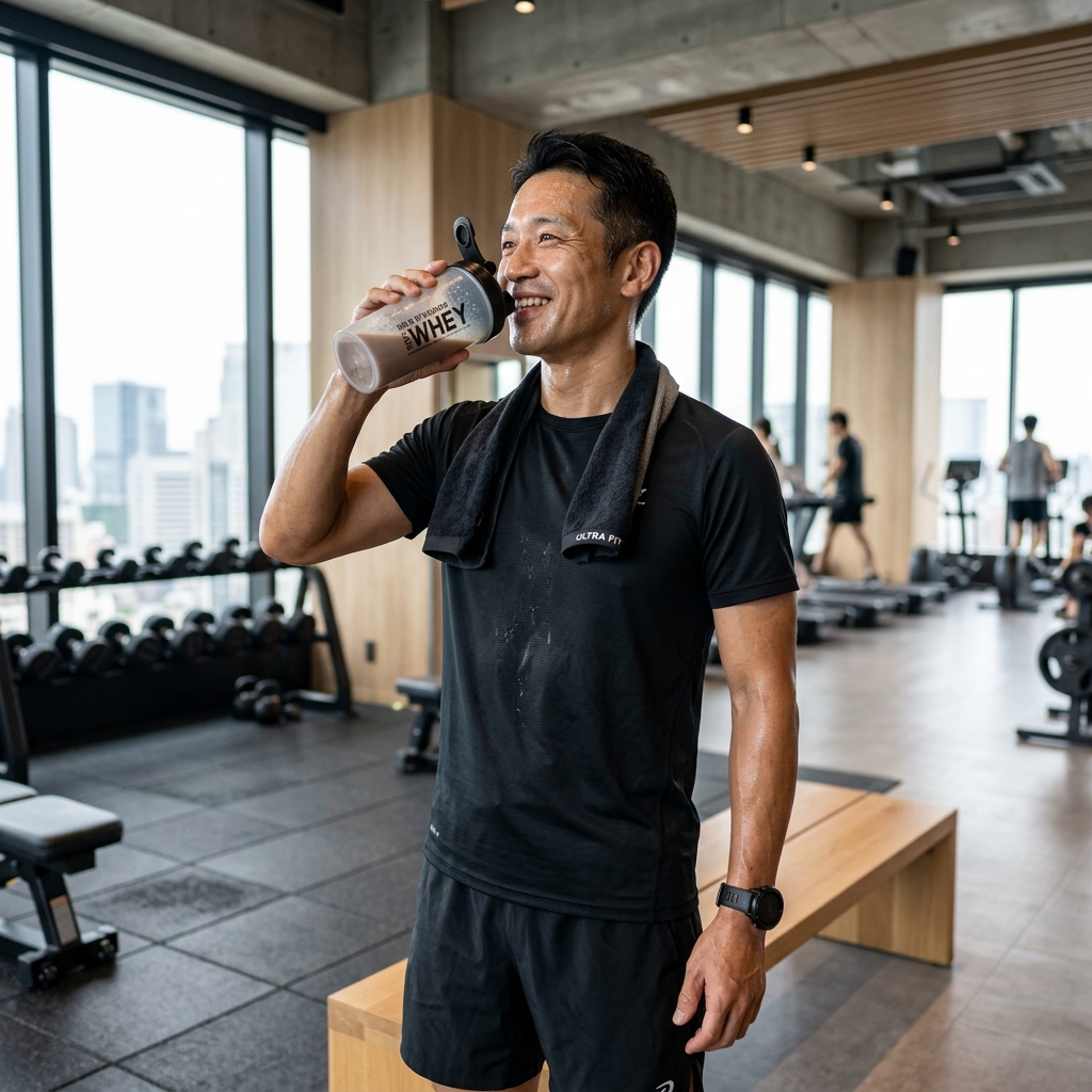 トレーニング後に爽やかにプロテインを飲んで栄養補給する40代男性のイメージ