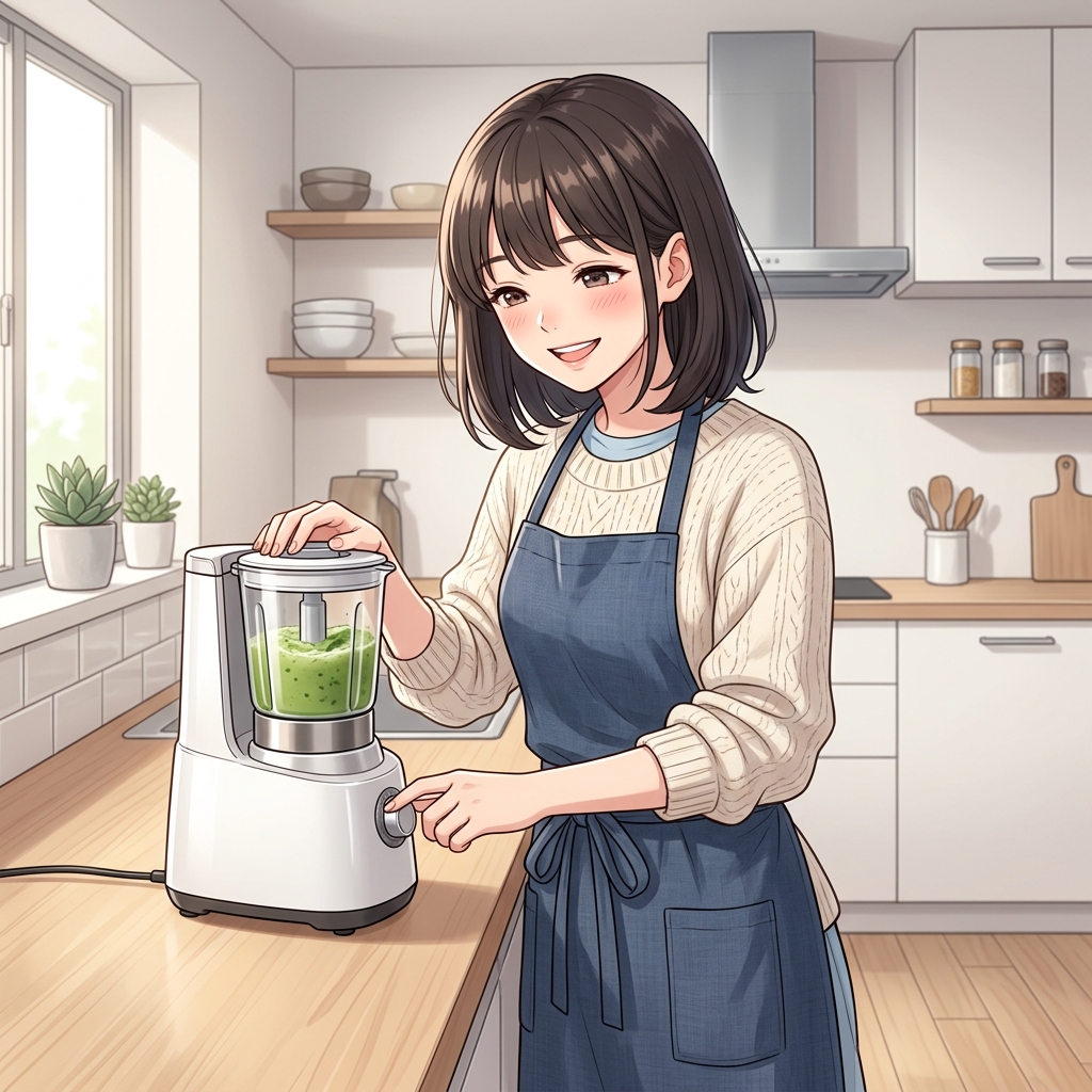 モダンなキッチンでコンパクトな最新家電を手にする女性のイメージ