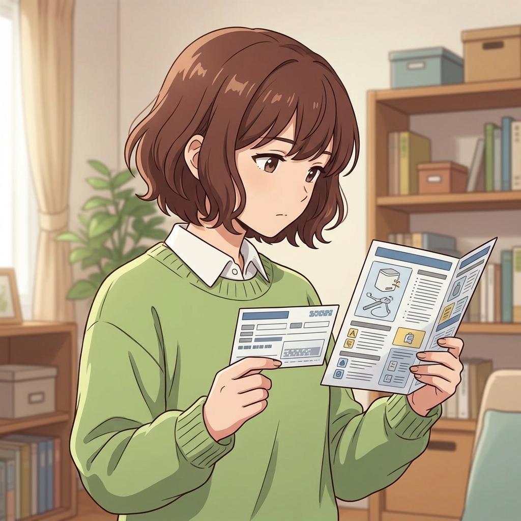製品の取扱説明書と保証書を丁寧にチェックするイメージ