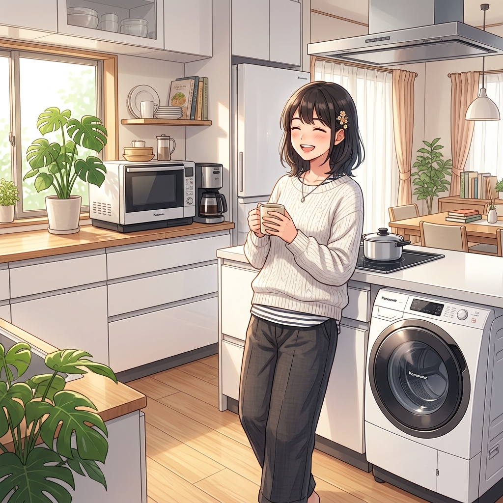 日当たりの良い部屋で満足して家電を使う女性のイメージ