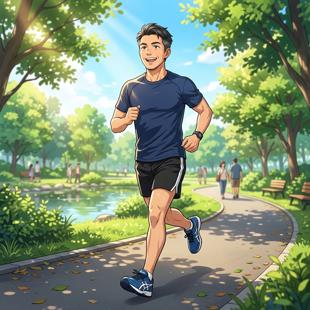 晴れた公園で気持ちよくウォーミングアップやランニングを行う40代男性のイメージ