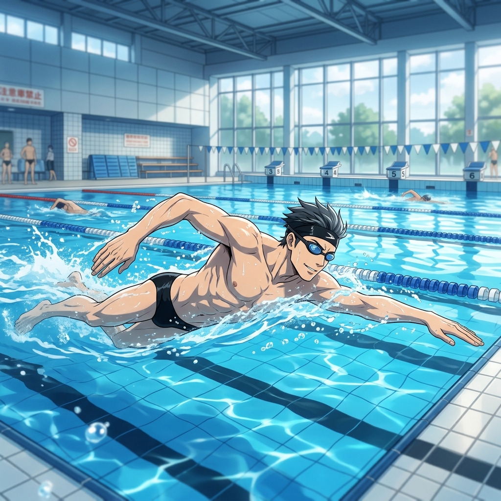 綺麗なインドアプールでスムーズに水泳を楽しむ40代男性のイメージ