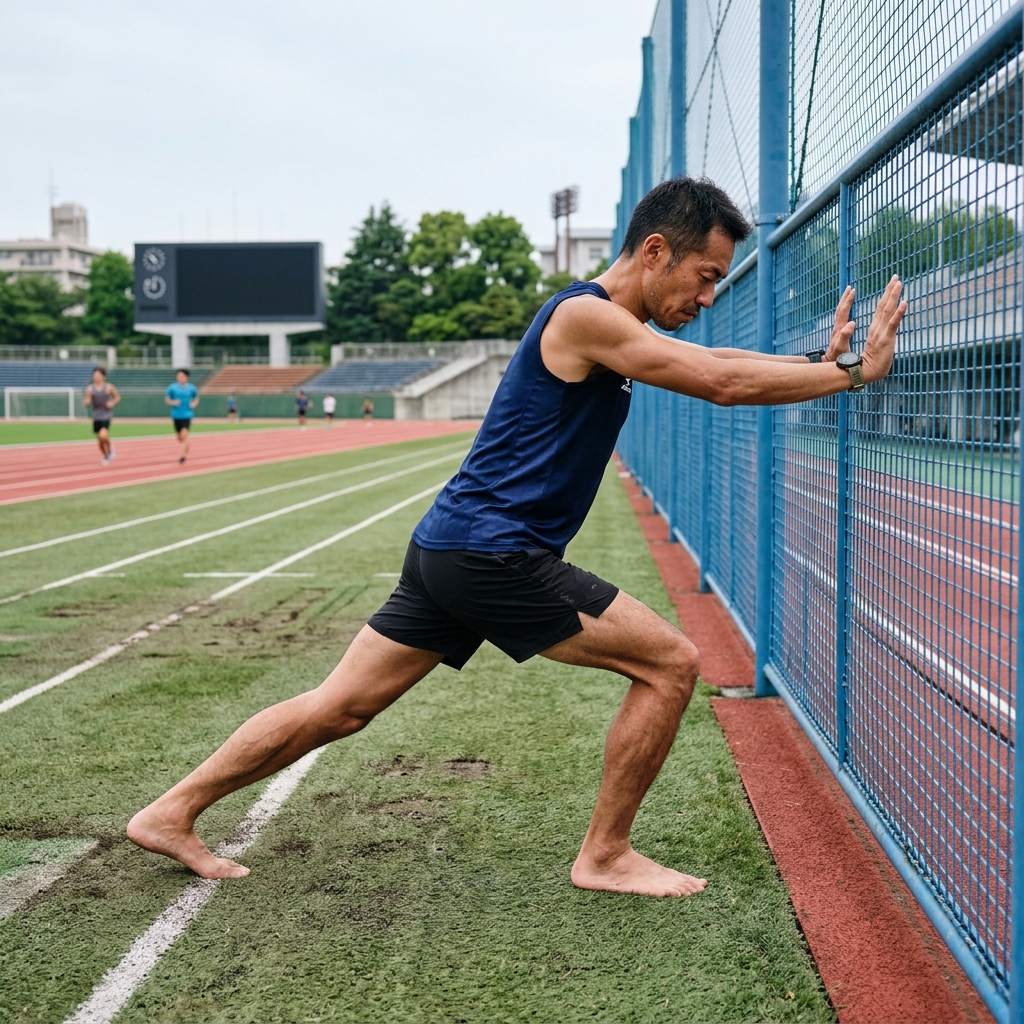 スポーツフィールドでふくらはぎとアキレス腱を丁寧に伸ばす40代男性のイメージ
