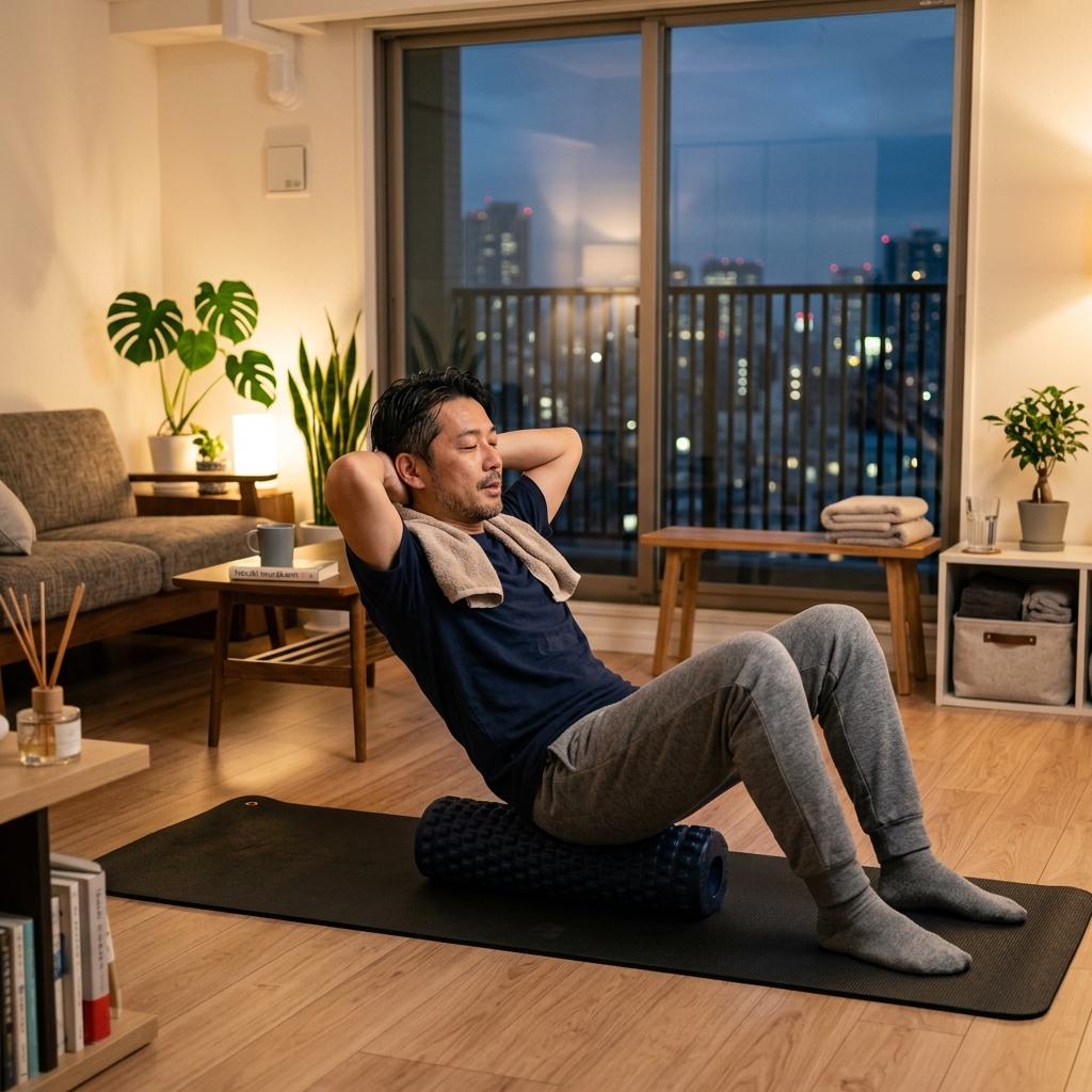 風呂上がりにリビングでフォームローラーを活用して筋膜リリースを行う40代男性のイメージ