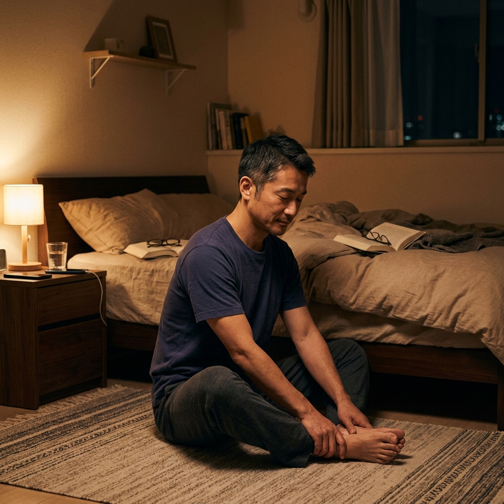 夜の就寝前にベッド脇でゆったりとしたリラックスストレッチを行う40代男性のイメージ