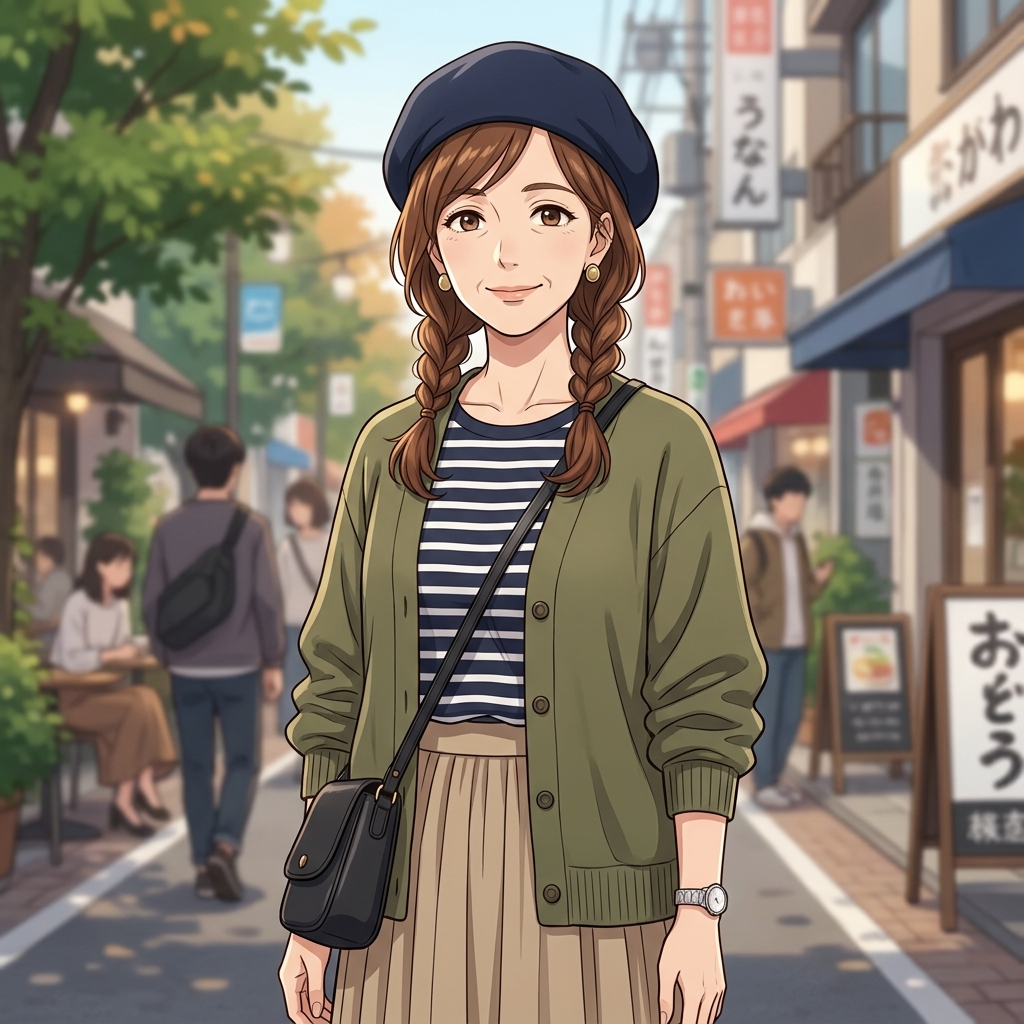 ベレー帽とローツインテールを合わせたおしゃれな40代女性のイメージ