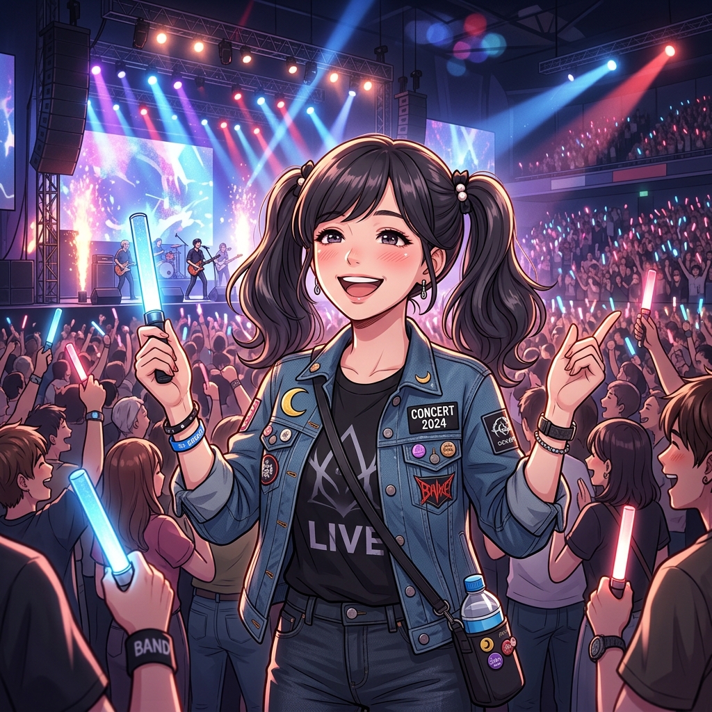 ライブイベント会場で大人ツインスタイルを楽しむ40代女性のイメージ
